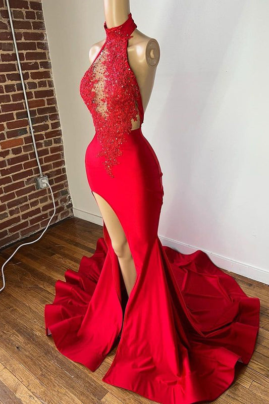 New Arrival Red High Neck Prom Dress Mermaid Slit Long With Appliques