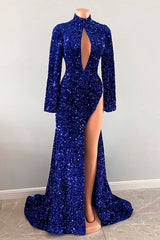New Arrival Royal Blue Keyhole Mermaid Prom Dress Sequins Long Sleeves Slit