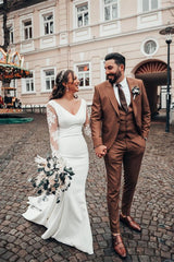 Mermaid Wedding Dress with V Neck and Long Lace Sleeves