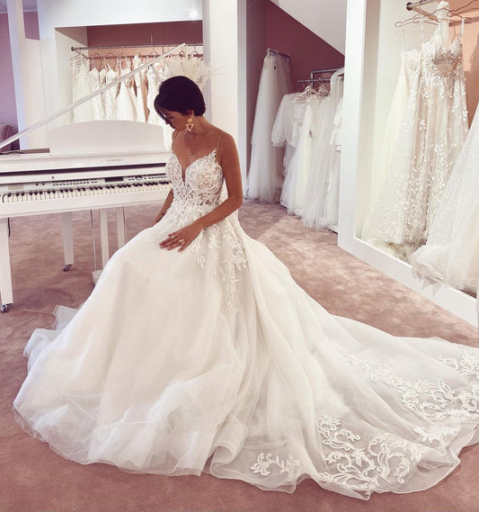 A-Line Wedding Dress with Elegant V-neck, Spaghetti Straps, and Appliques Lace Tulle