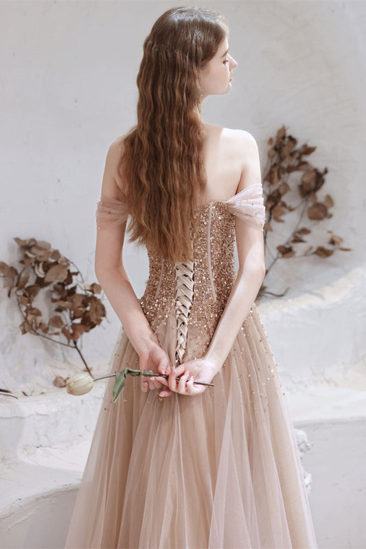 Gorgeous Off-the-Shoulder Tulle Prom Dress With Sequins Lace-Up