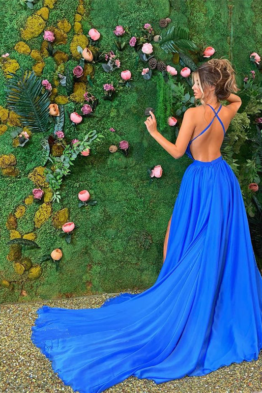 Elegant Royal Blue Sleeveless Prom Dress With Split