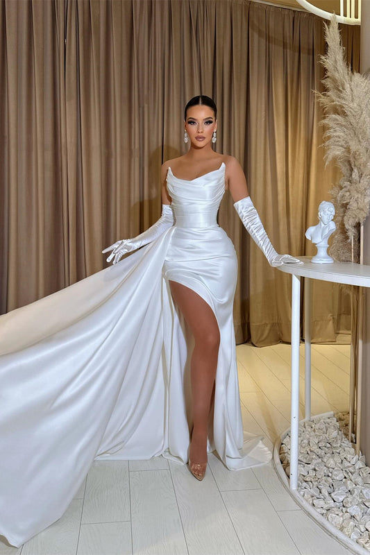 Gorgeous White Strapless Mermaid Prom Dress Pleats With Split ruffles