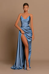 Elegant Dusty Blue Prom Dress Long V Neck Dress With Slit Pleated