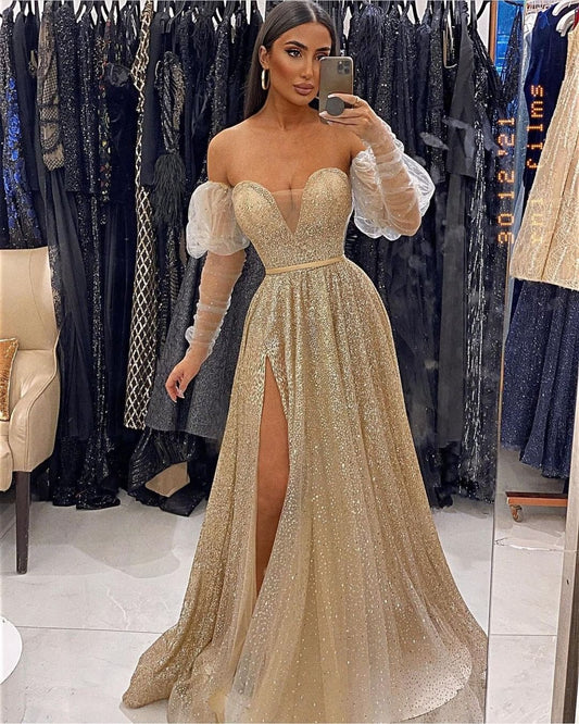 Stunning Long Sleeves Sweetheart Sequins Prom Dress Split Long