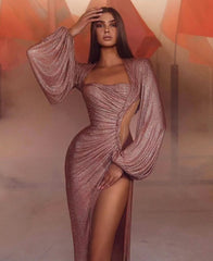 Pink Mermaid Prom Dress with Long Sleeves and Slit