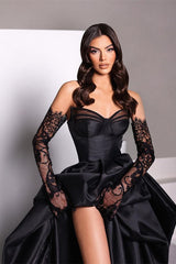  Black Sweetheart Taffeta Prom Dress with Long Lace Gloves High Slit