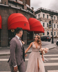 Boho Elegance: Long V-neck A-line Wedding Dress with Tulle Lace and Slit Appliques