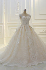 Elegant Beaded Bateau Ball Gown Wedding Dress with Lace Appliques and Long Sleeves