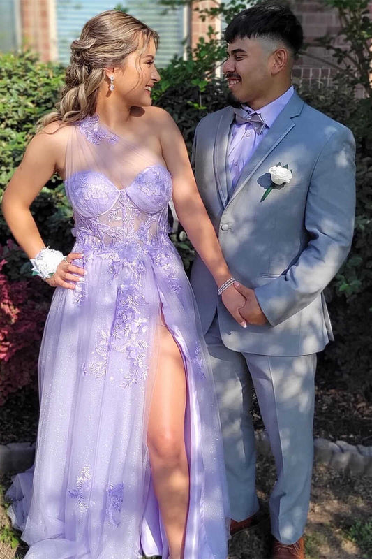 Gorgeous Lilac One Shoulder Sleeveless A-Line Prom Dress Appliques Tulle With High Split