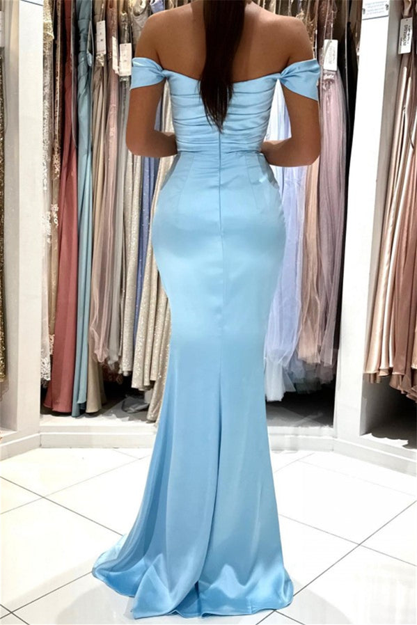 Stunning Sky Blue Off-the-Shoulder Prom Dresses Mermaid Long With Slit