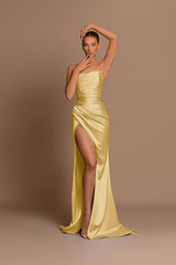 Light Blue Evening Dress Off-the-Shoulder Pleated Slit Ball Gown