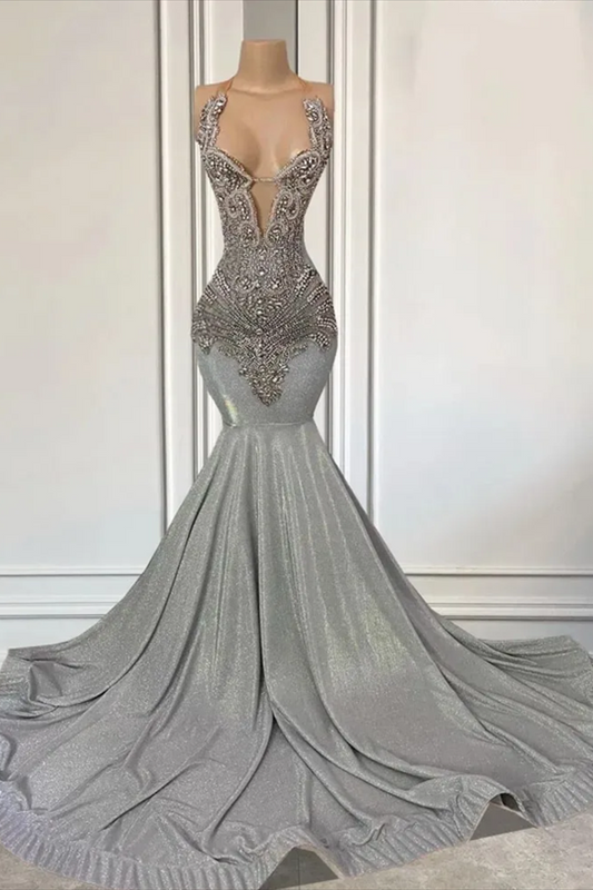 Silver Beaded Sequin Halter Prom Dress V Neck with Mermaid