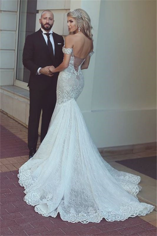 Sweetheart Lace Wedding Dress with Lace-up Back and Off-the-Shoulder Mermaid Style
