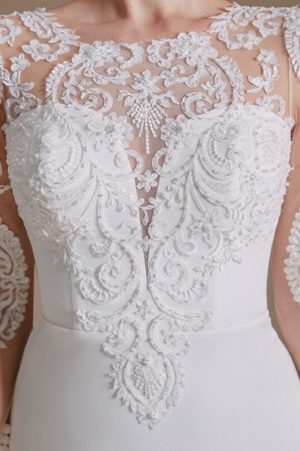Elegant Long Mermaid Jewel Wedding Dress in Satin Lace With Sleeves