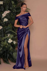 Champagne Off the Shoulder Charmeuse Prom Dress Split Mermaid