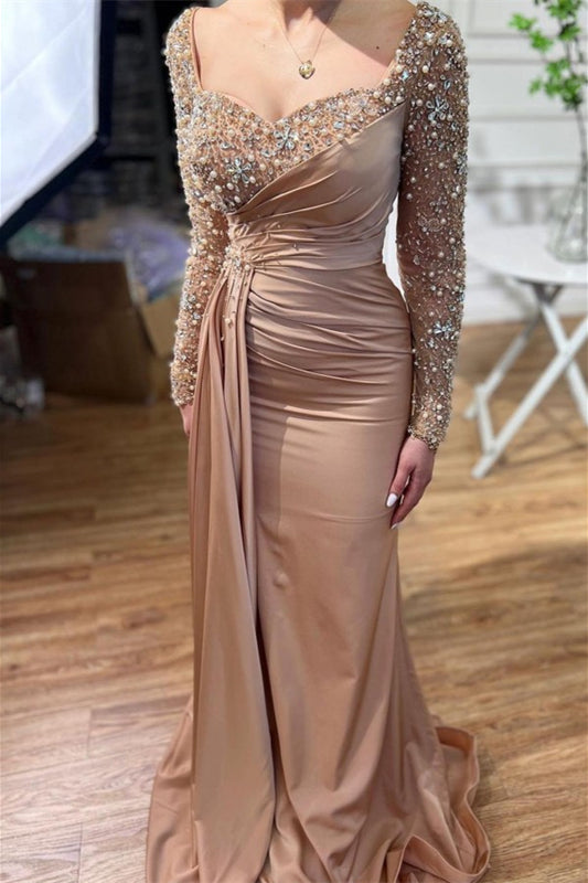 Chic Sweetheart Long Sleeves Mermaid Prom Dress With Sequins Pearls