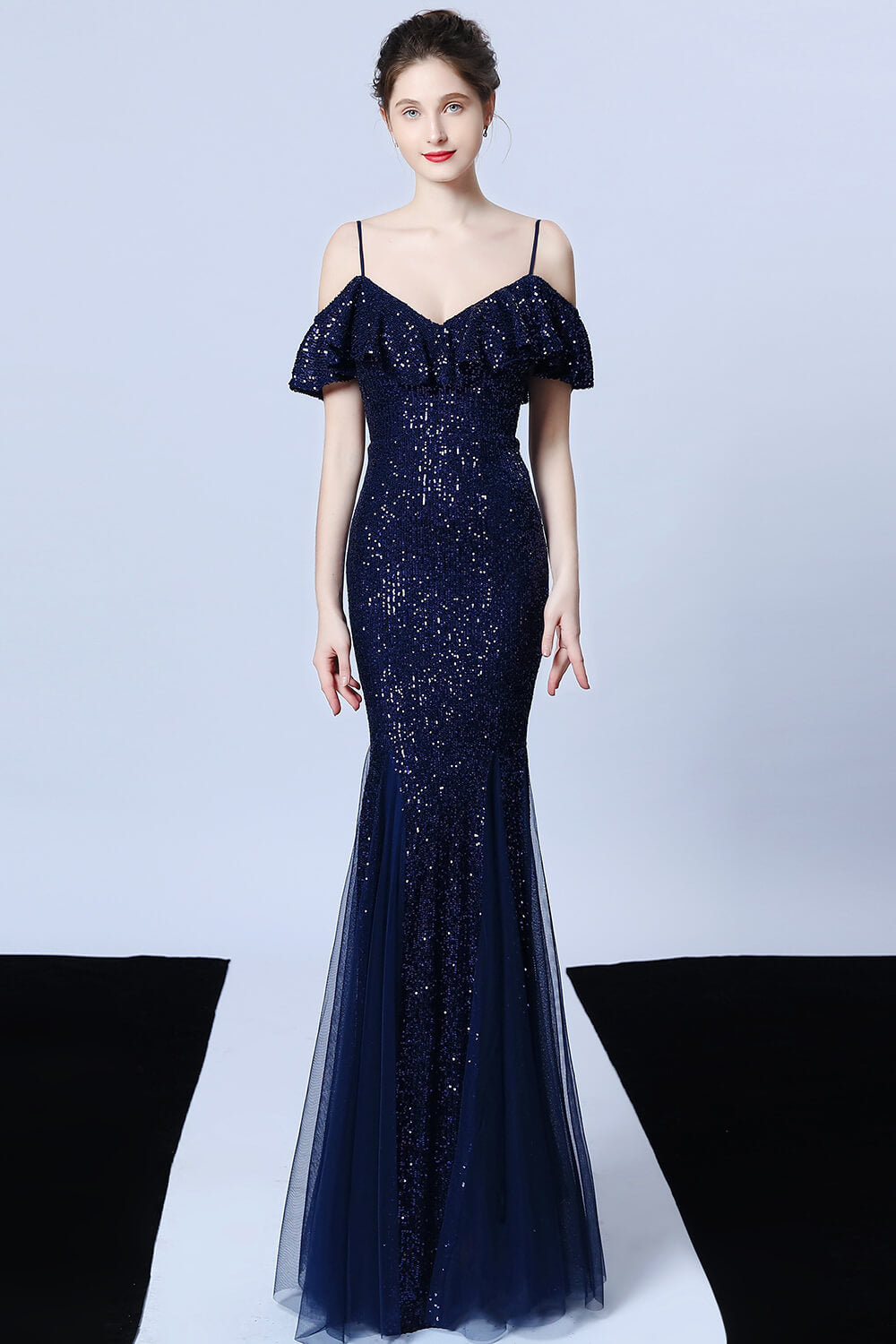 Spaghetti-Straps Mermaid Sequins Prom Dress With Ruffles