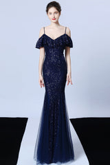 Spaghetti-Straps Mermaid Sequins Prom Dress With Ruffles