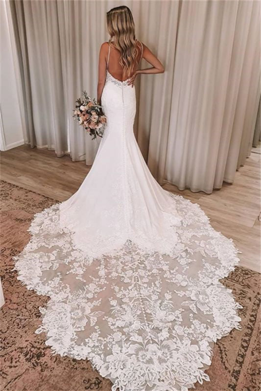 V-Neck Mermaid Wedding Dress with Spaghetti Straps and Lace Appliques, Backless Design