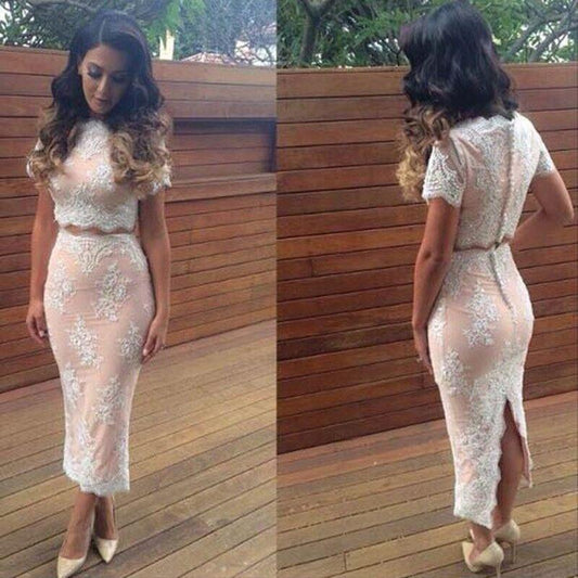 Two pieces Lace Short Prom Dress On Sale With Short Sleeves