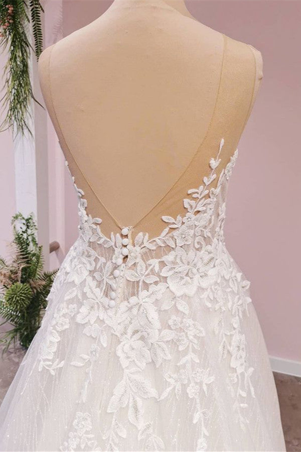 Elegant Backless Sweetheart Wedding Gown in A-Line Lace Tulle with Floor-length Appliques
