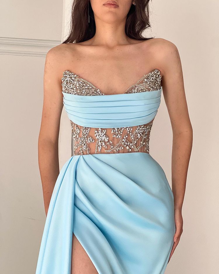 Gorgeous Sky Blue Strapless Beaded Mermaid Prom Dress With Split