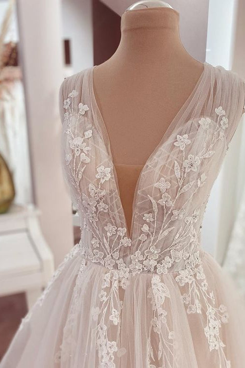 Elegant A-Line Wedding Dress with Wide Straps, Ruffles, and Lace Appliques on Tulle
