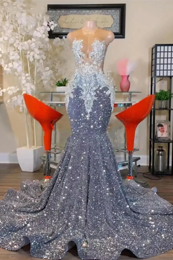 Beautiful Silver Sequins Mermaid Prom Dresses Sleeveless With Beads Appliques