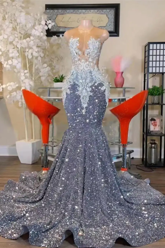 Beautiful Silver Sequins Mermaid Prom Dresses Sleeveless With Beads Appliques