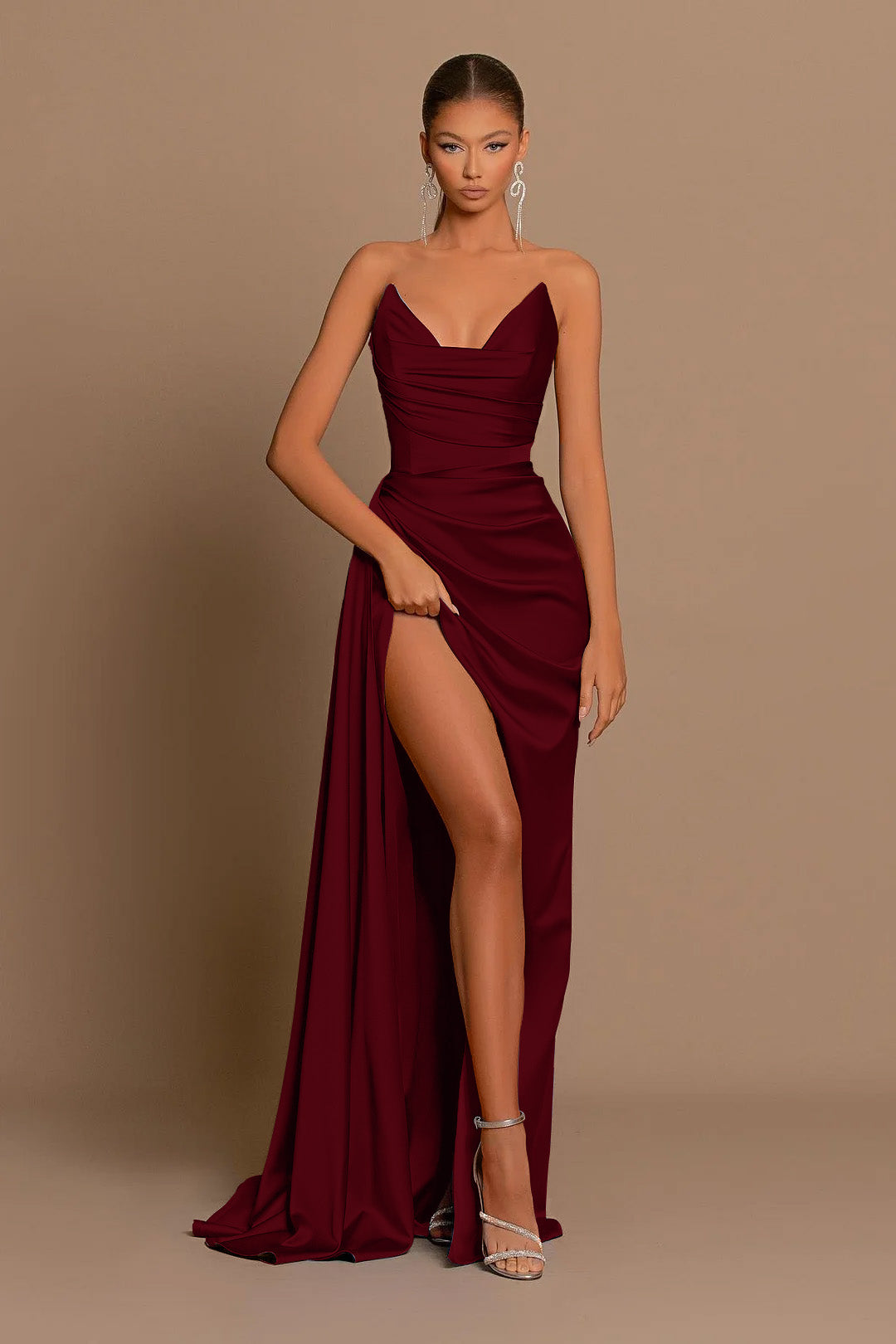 Elegant Dusty Blue Prom Dress Long V Neck Dress With Slit Pleated