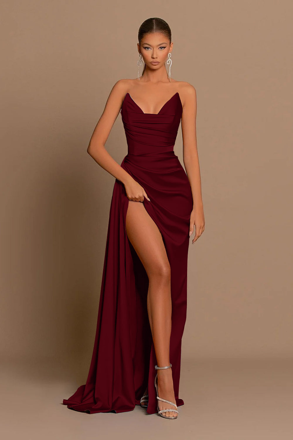 Elegant Dusty Blue Prom Dress Long V Neck Dress With Slit Pleated