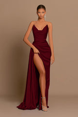 Elegant Dusty Blue Prom Dress Long V Neck Dress With Slit Pleated