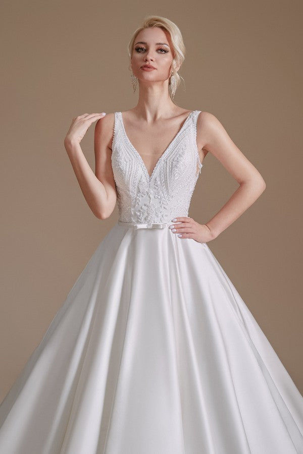 Elegant V-neck A-line Satin Wedding Gown with Lace Appliques