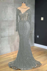 Classic Black Mermaid Prom Dress Long Sleeves Tulle With Sequins