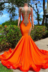 Bright Orange Prom Dress V Neck Mermaid Sleeveless Appliques