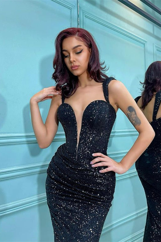 Black Sequins Straps Prom Dress Mermaid