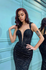 Black Sequins Straps Prom Dress Mermaid