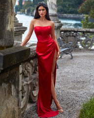 Elegant Red Straight Across Mermaid Prom Dress with Long Slit