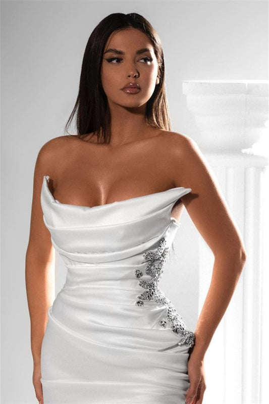 Gorgeous White Strapless Mermaid Prom Dress Beads With High Split