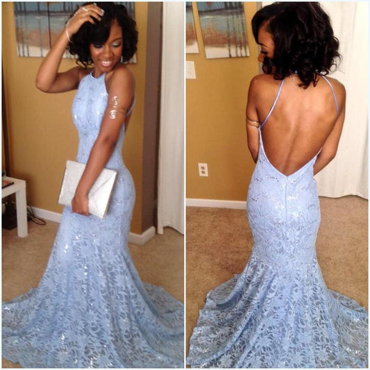 Glamorous Sky Blue Lace Backless Prom Dress Mermaid Long Sleeveless