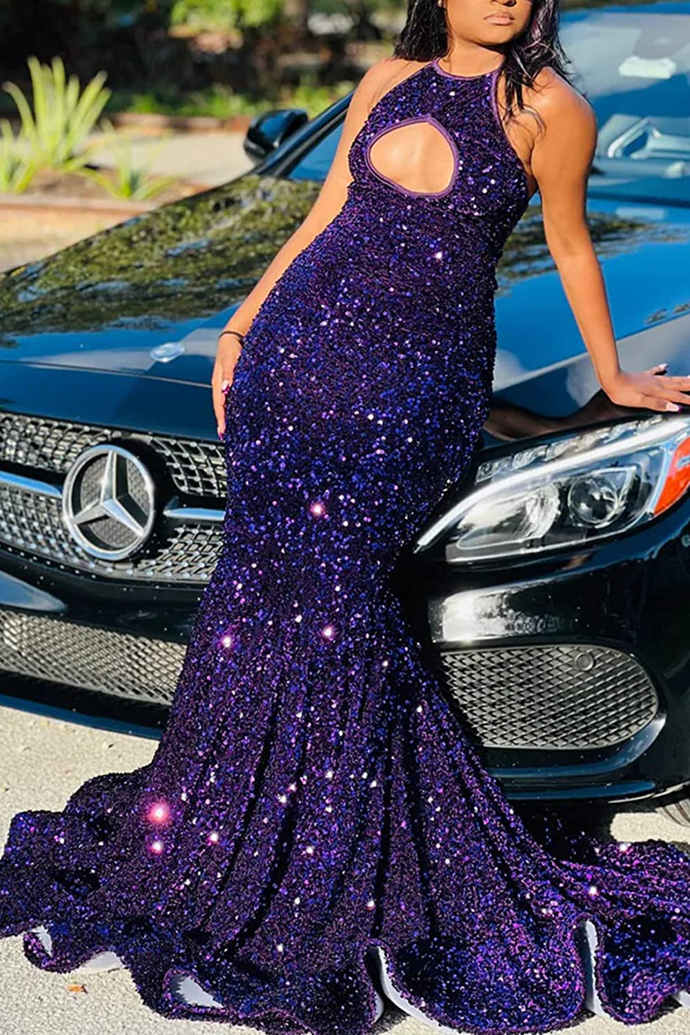 Modern Purple Halter Mermaid Prom Dress With Sequins Sleeveless