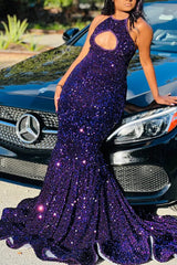 Modern Purple Halter Mermaid Prom Dress With Sequins Sleeveless