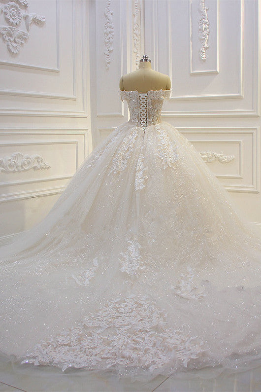 Off-The-Shoulder Sequin Sweetheart Ball Gown Wedding Dress with Lace Appliques