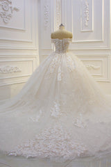 Off-The-Shoulder Sequin Sweetheart Ball Gown Wedding Dress with Lace Appliques