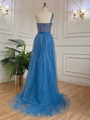 Elegant Sleeveless Mermaid Split One Shoulder Evening Dress Sequins With Tulle Overskirt