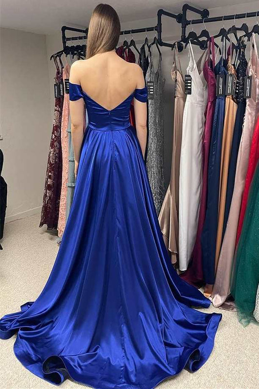Modern Royal Blue Off-the-Shoulder Mermaid Prom Dress With Split Ruffle