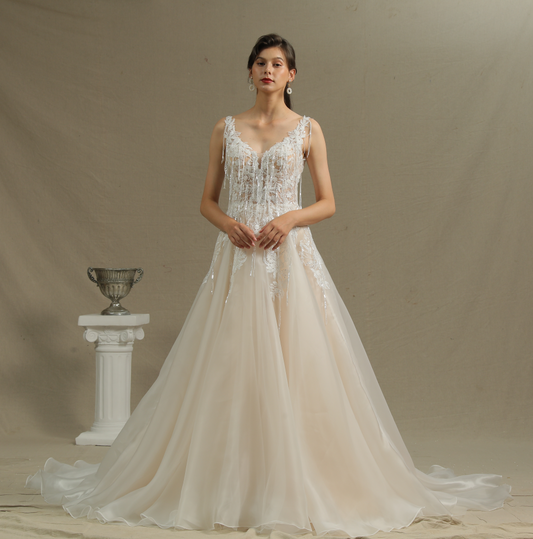 Elegant V-neck Backless Straps A-line Bridal Gown Featuring Appliques