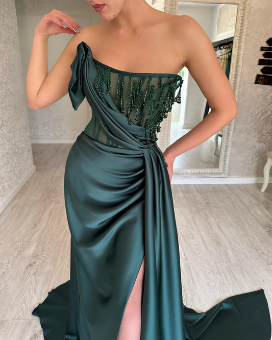 Beautiful Dark Green Strapless Prom Dresses Slit Long With Beadings
