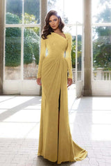 Elegant Long Sleeve Yellow Prom Dress Asymmetric Pleated Slit